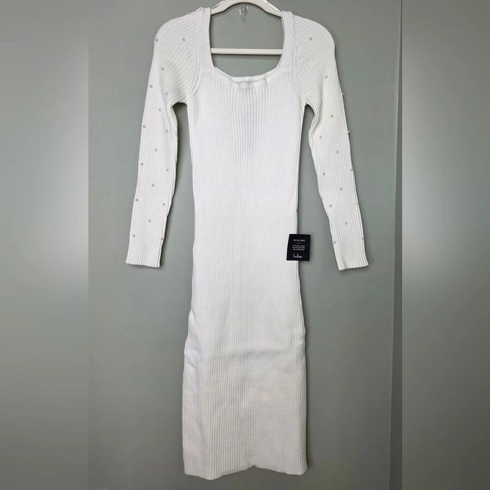 Lulus L Gleaming Babe White Ribbed Knit Pearl Midi Sweater Dress, Size Large